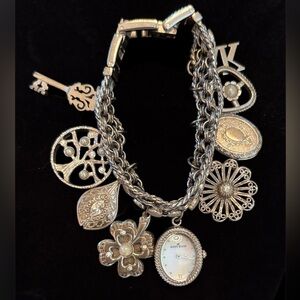 Silver Watch Charm Bracelet with Locket Key and Floral Accents